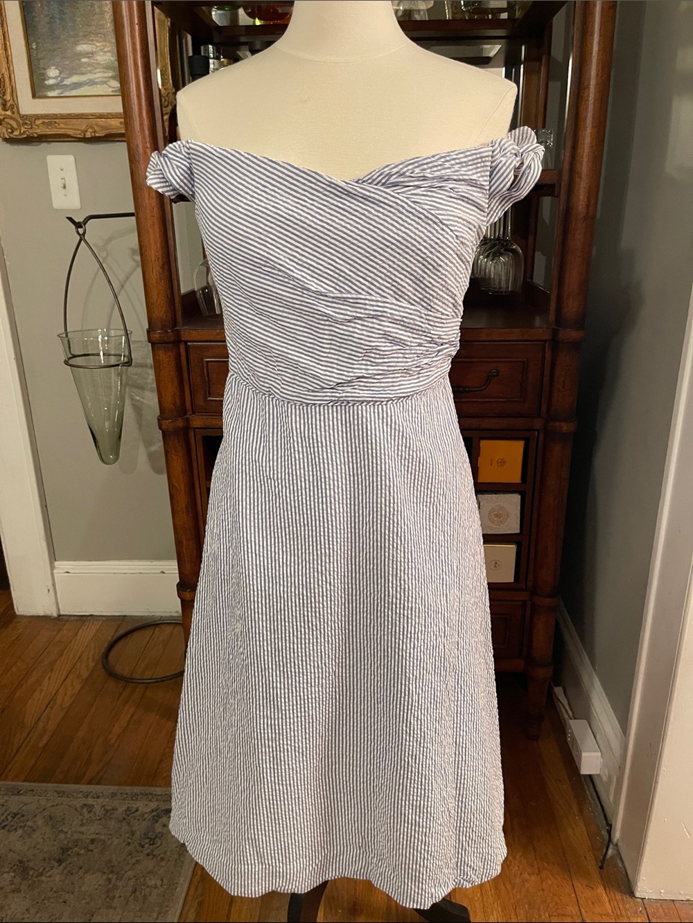 J. Crew Blue and White Seersucker Striped Off-Shoulder A-Line Dress